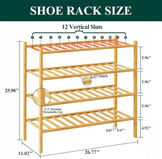 Smiry Bamboo Shoe Rack, 4 Tier Free Standing Wooden Shoe Organizer, Stackable Wood Shoe Storage Shelf for Closet, Entryway, 12 Vertical Slats, 2+2 Stack Standard Legs, 26.8"x11"x26", Natural