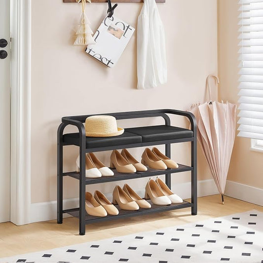 YATINEY Shoe Bench with Backrest, Entryway Bench, 2-Tier Shoe Rack with PU Padded Seat, Upholstered Shoe Storage Bench with Back, for Hallway, Entryway, Foyer, Bedroom, Black HX04BB