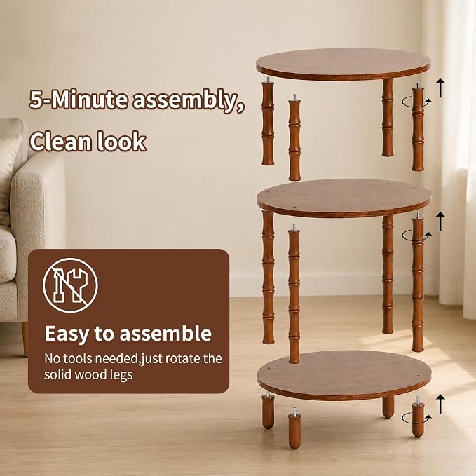Side Table, 3-Tier Oval Accent Small End Table, Modern Oval Nightstand Accent Table for Small Space, Bedrooms, Living Room, Easy to Assemble, Rustic Brown
