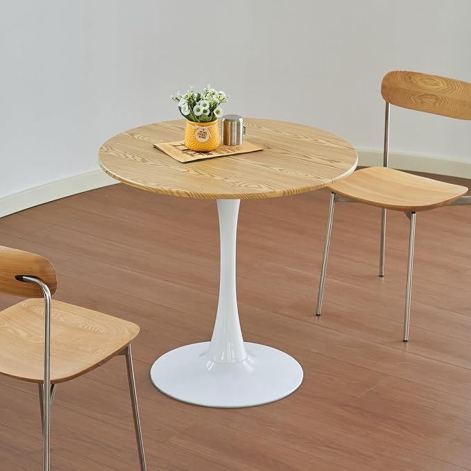 Round Dining Table, 24" Circle Tulip Table with Thickened Tabletop & Metal Pedestal, Mid Century Modern Bistro Table for Kitchen, Small Places, Living Room, Cafe (Faux Oak)