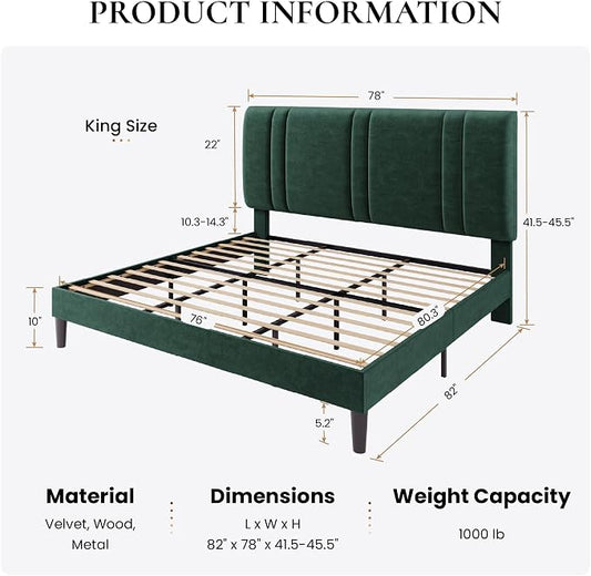SHA CERLIN King Size Platform Bed Frame, Velvet Upholstered Bed with Adjustable Headboard, Vertical Channel Tufted Design, Sturdy Wood Slat Support, No Box Spring Needed, Easy Assembly, Green