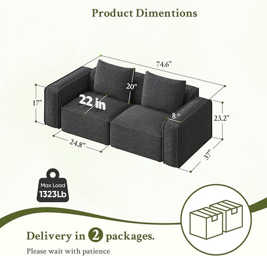 Welzona 75" loveseat Sofa, Comfy Chenille Love Seat, Wood Frame Small Couches for Small Spaces, Tool-Free Setup 2 Seater Modern Loveseat, 22" Deep Seat Sofas for Living Room, Apartment, Bedroom, Black
