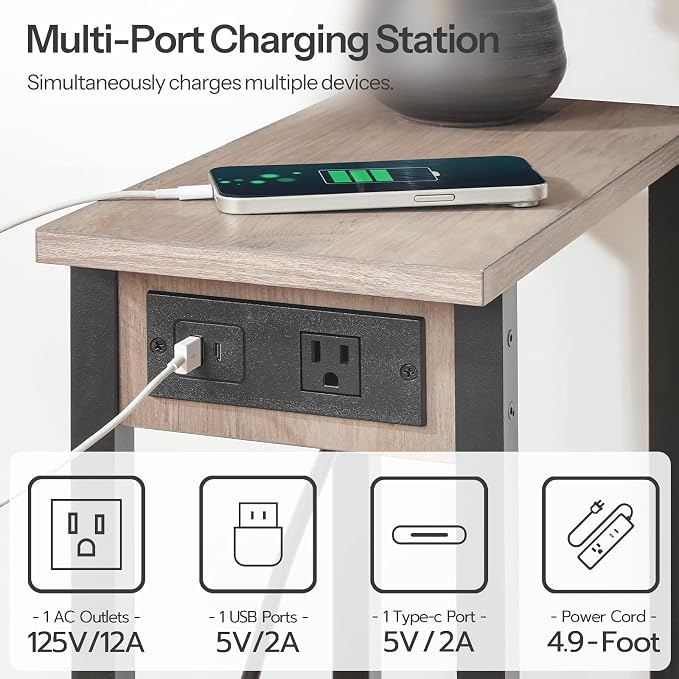HOOBRO Narrow Side Tables, Set of 2, 2-Tier Slim End Tables with Charging Station, Skinny Nightstands with Open Storage, for Small Spaces, Living Room, Bedroom, Study,Greige and Black BG240UBZP201