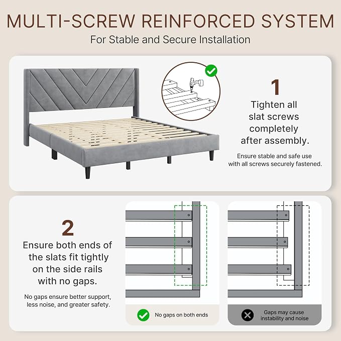 Yaheetech King Bed Frame Upholstered Platform Bed/Wooden Slat Support/Tufted Headboard with Wing Side/Mattress Foundation/No Box Spring Needed,Light Gray King
