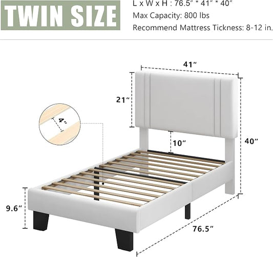 Feonase Twin Platform Bed Frame, Velvet Upholstered Twin Bed Frame, Solid Wood Slats & Heavy Duty Feet Support, No Box Spring Needed, Noise-Free, Easy Assembly, White