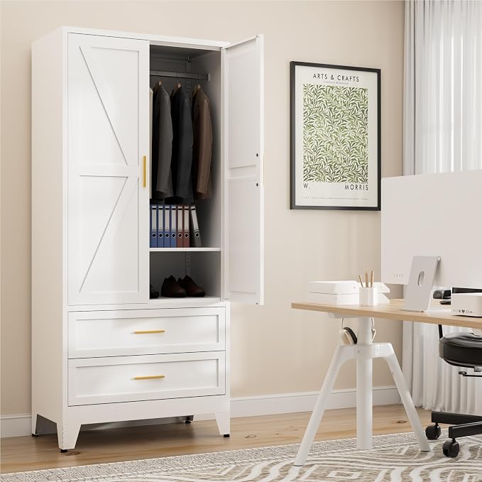 LCAOPC 71" Tall Metal Wardrobe Cabinet with 2 Drawers and Hanging Rod, 2 Doors Armoire Wardrobe Closet with Shelf for Bedroom, Office, Laundry Room, White