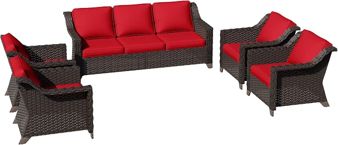 5 Pieces Patio Conversation Furniture Set - 1 Sofa, 4 Armchairs, Outdoor Wicker Furniture with Removable Cushions for Porch, Balcony, Sunroom (Red)