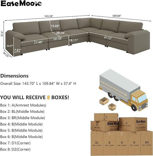 EASE MOOSE Leather Sectional Couch, Oversized Modular Sectional Sofas, Wide Deep Seat Modular Couch, Scratch Resistant Faux Leather Material, L Shaped Sofa for Big Spaces, Light Grey