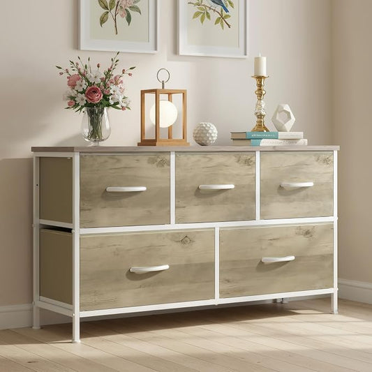 OLIXIS 5 Drawer Dresser for Bedroom, Storage Organizer Unit for Closet | Chest of Drawers for Clothes Storage with Bins, Wide Fabric Bedroom Dresser, Wooden Top, Living Room, Greige Oak