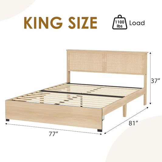 GarveeHome King Platform Bed Frame, King Size Bed Frame with Natural Rattan Headboard, Cane Bed Frame with 2 Storage Drawers and Strong Wood Slats Support, Noise Free, No Box Spring Needed