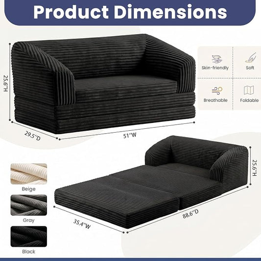 JUIKURY Convertible Sofa Bed, 3-in-1 Foldable Loveseat Couch with Armrest, Corduroy Floor Sofa & Sleeper Bed, No Assembly High-Density Foam Futon Mattress for Living Room, Small Apartment, Dorm