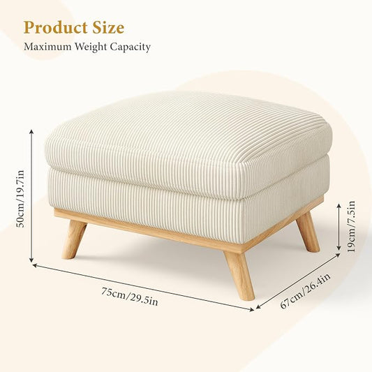 Vesgantti Large Ottoman for Modular Sofa, 29.5" Corduroy Pouf Ottoman with Spring Cushion, Rectangle Foot Rest for Couch, Entrance Footstool with Wood Legs, Footstool for Living Room, Bedroom, Beige
