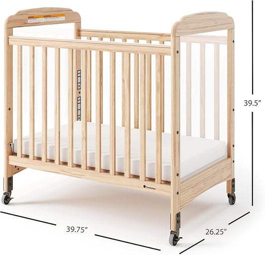 Foundations Serenity Compact Clearview Daycare Crib, Fixed Side, Durable Wood Construction, Adjustable Mattress Board, Clear End Panels. Includes 3” InfaPure Foam Mattress (Natural)