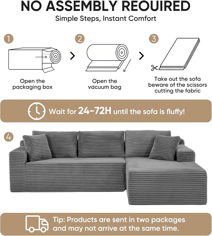 Boneless Couch, 102.4" Sectional Couches for Living Room with L Shape Sofa | Cloud Couch Sectional with Chaise, Modular Cloud Sofa with Deep Seat, No Assembly, Beige, Corduroy, Right Chaise