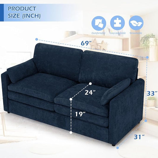 69” Chenille Loveseat Sofa w/Arm Pillows, Upholstered 2-Seater Sofa w/Comfortable Back Cushions, Modern 2 Seats Couch w/High-Density Foam for Living Room, Apartment, Office, Blue