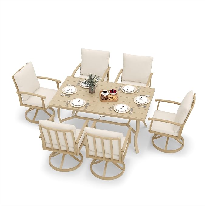 HAPPATIO 7 Piece Patio Swivel Dining Set, Aluminum Outdoor Dining Set for 6,Dining Table and Chairs Set, Patio Dining Furniture with Aluminum Table, Swivel Chairs and Washable Cushions (Beige)