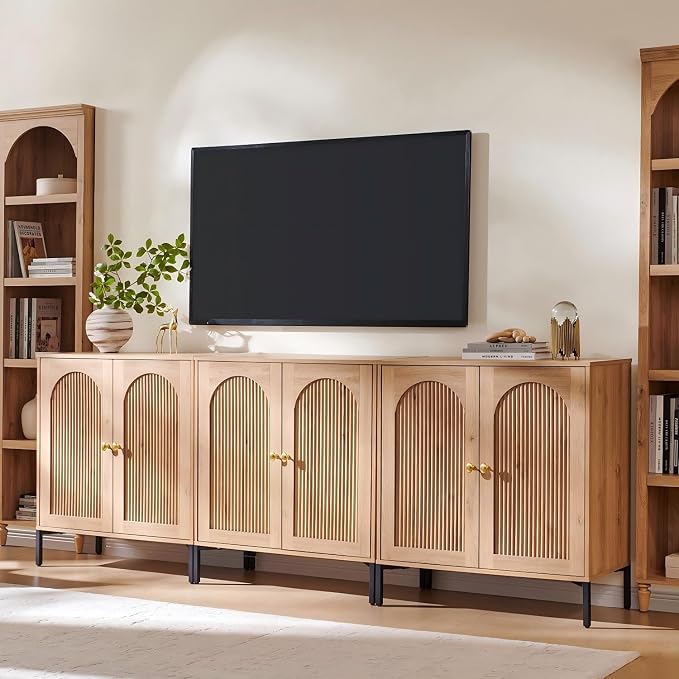 IFGET Modern Buffet Cabinet with Storage, 92.63" W Fluted Arched Sideboard Cabinet w/Adjustable Shelves, Wooden Modular Coffee Bar for Dining Room, Kitchen, Living Room, Entryway, Natural