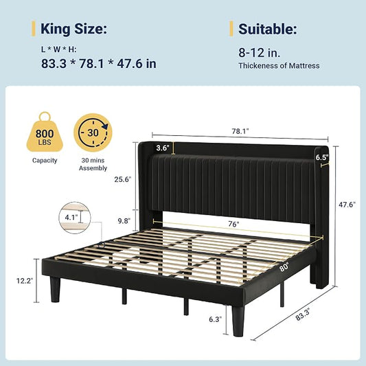Allewie King Size Platform Bed Frame with USB Charging Station and Storage Shelf/Upholstered Velvet Wingback Headboard/Wooden Slats Support/No Box Spring Needed/Easy Assembly, Black