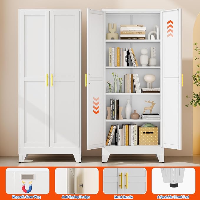 GAIOUS 71''Tall Metal Garage Storage Cabinet,File Cabinet with Door and Adjustable Shelves, Outdoor Steel Tool Cabinet for Home,Office,Warehouse,Garage,White