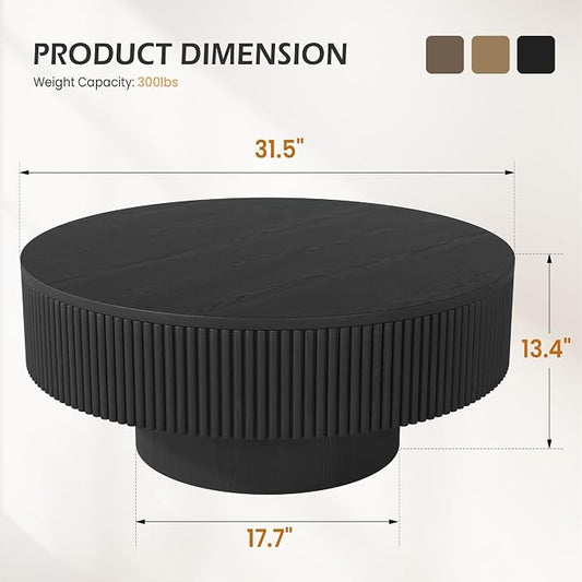YOUDENOVA 31.5” Round Fluted Coffee Table, Modern Wood Circle Coffee Table, Veneer Handcrafted Relief Tea Table with Sturdy Pedestal for Living Room,Easy Assembly - Black