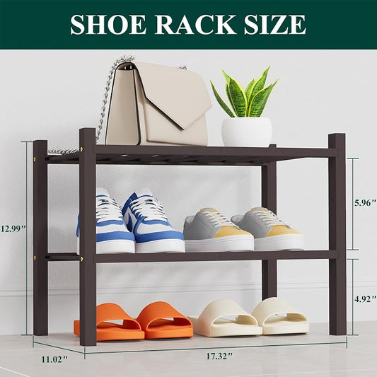 Smiry Small Bamboo Shoe Rack, 2 Tier Free Standing Wooden Shoe Organizer, Stackable Wood Shoe Storage Shelf for Closet, Entryway, 14 Vertical Slats, One-piece Heavy-Duty Legs, 17.3"x11"x13", Brown
