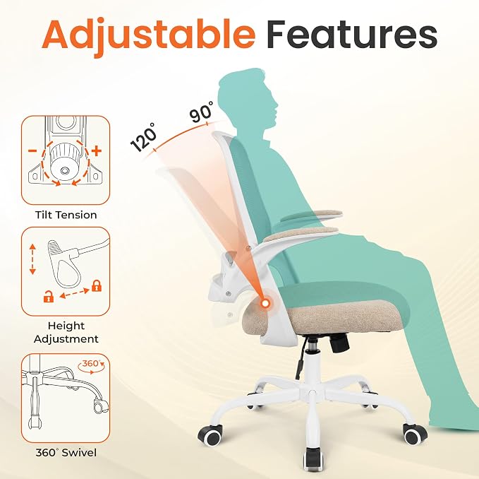 NEO CHAIR Office Chair Computer Desk Chair Ergonomic Gaming Comfy Mesh with Flip-up Arms Lumbar Support Adjustable Height Rolling Wheels for Home Office (Beige)