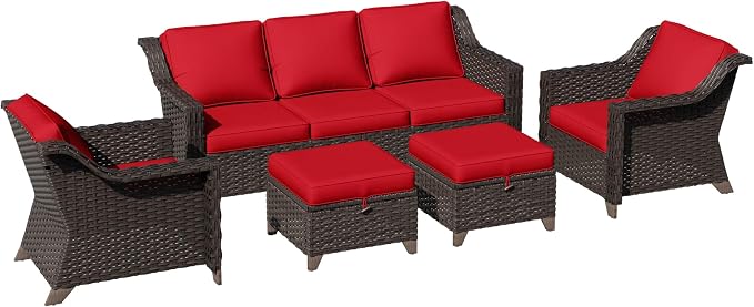 5 Pieces Patio Conversation Furniture Set - 1 Sofa, 2 Armchairs, 2 Ottomans, Outdoor Wicker Furniture with Removable Cushions for Porch, Balcony, Sunroom (Red)