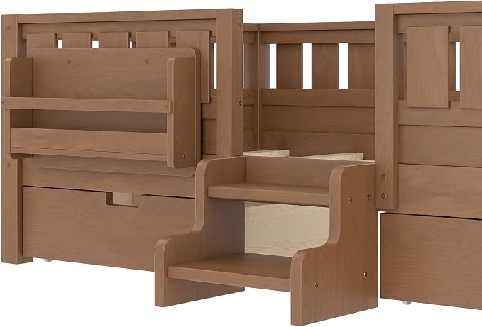 Bellemave Twin Kids Montessori Bed with Stairs, Bookshelf and Drawers, Solid Wood Kids Bed Frame with Storage for Boys Girls, Low Profile,Natural