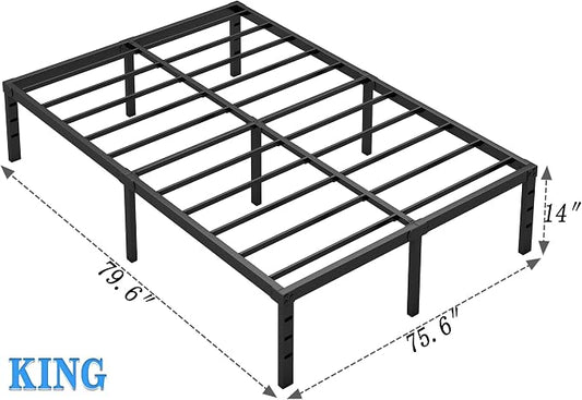 NEW JETO Metal Bed Frame,King Size Bed Frame with Storage Space,Heavy Duty Sturdy Mattress Foundation,Easy Assembly,No Box Spring Needed, Black,14 Inch,King, Bedroom Furniture