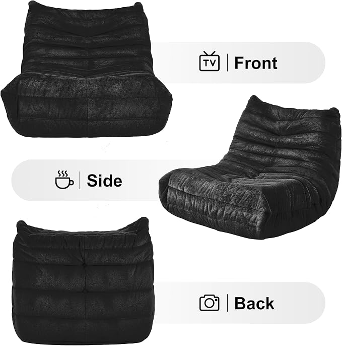 Hobestluk Adults Bean Bag Chair Faux Fur BeanBag Couch for Living Room | Black Plush,Ergonomic Design,Memory Foam,UltraSoft,Anti-slip Bottom,No Assembly Required,Decorative Style for Living Room