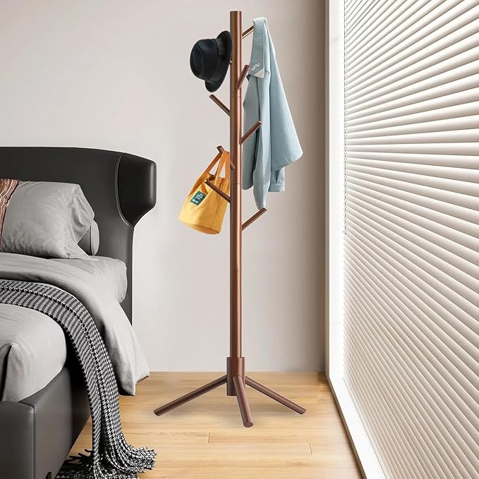 Aliphon Wooden Coat Rack Stand, Freestanding Coat Rack with 8 Hooks, 3 Adjustable Size Coat Tree for Hats, Coats, Scarves bags, Coat Hanger Stand Used in Bedroom/Office/Entryway,2 PCS (Brown)