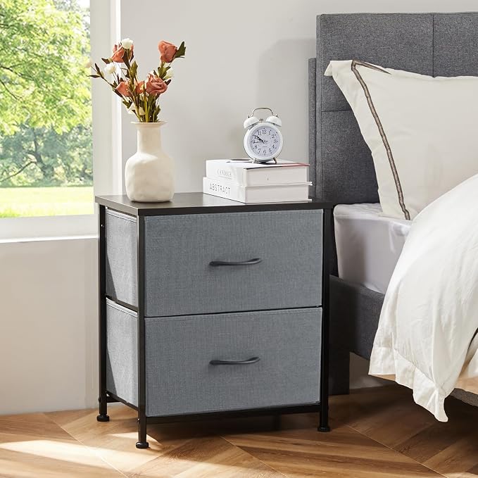 Sweetcrispy Nightstand Set of 2 with 2 Storage Drawers, Small Bedside Table | 20" Height End Table, Bedroom Furniture, Wooden Top Fabric Cabinet, Closet, Entryway, Gray 2PC