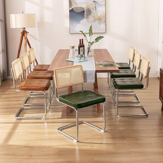 Zesthouse Natural Rattan Dining Chairs Set of 2, Mid Century Modern Dining Room Chairs with Chrome Leg, Faux Leather Kitchen Chair with Solid Wood Back & Cane Mesh, Breuer Cesca Design Inspired, Green