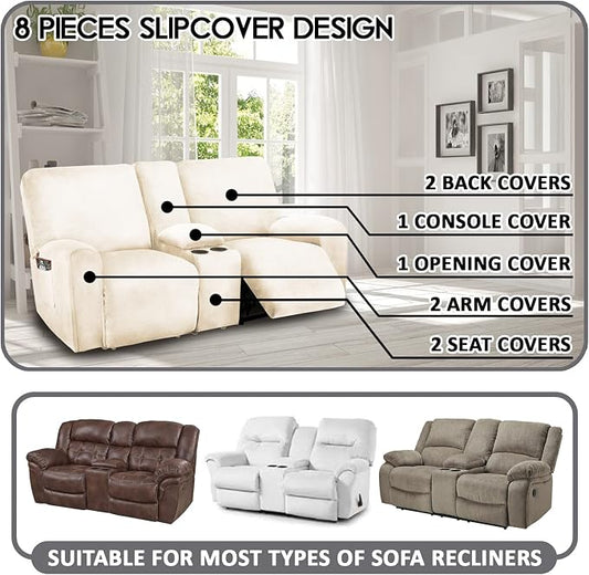 ULTICOR Reclining Love Seat with Middle Console Slipcover, 8-Piece Velvet Stretch Loveseat Reclining Sofa Covers, 2 seat Love seat Recliner Cover, Thick, Soft, Washable, Love seat Slipcovers (Ivory)