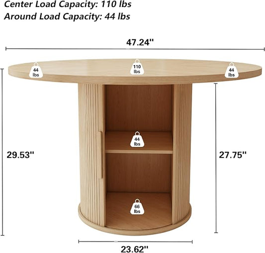 weselon 47 inch Round Dining Table for 4, Kitchen Table Dinner Table with 2-Layer Storage Shelf and Wood Slide Door for Home Dining Room Living Room (Natural)