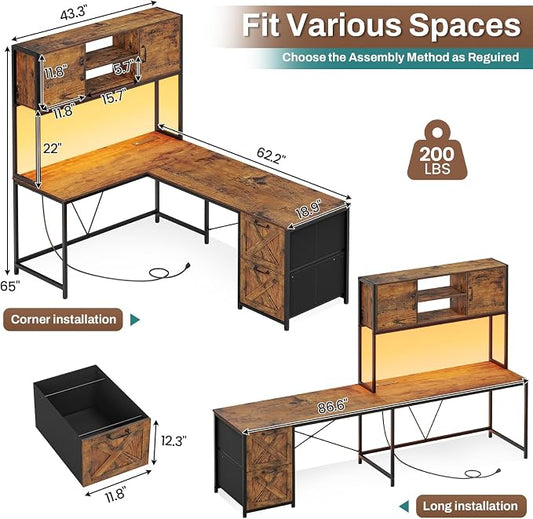 SEDETA L Shaped Desk with Drawers, 62.2" Home Office Desk with Fabric File Drawers and Power Outlet, L Shaped Desk with Hutch, Storage Shelves, LED Lights, Rustic Brown