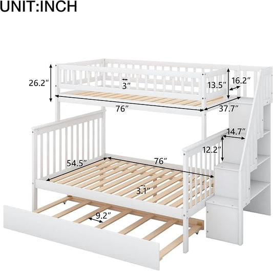 MERITLINE Twin Over Full Bunk Bed with Trundle, Storage Staircase,Solid Wood Bunk Bed with Storage Stairs Box and Guardrail, No Spring Box Needed (White)