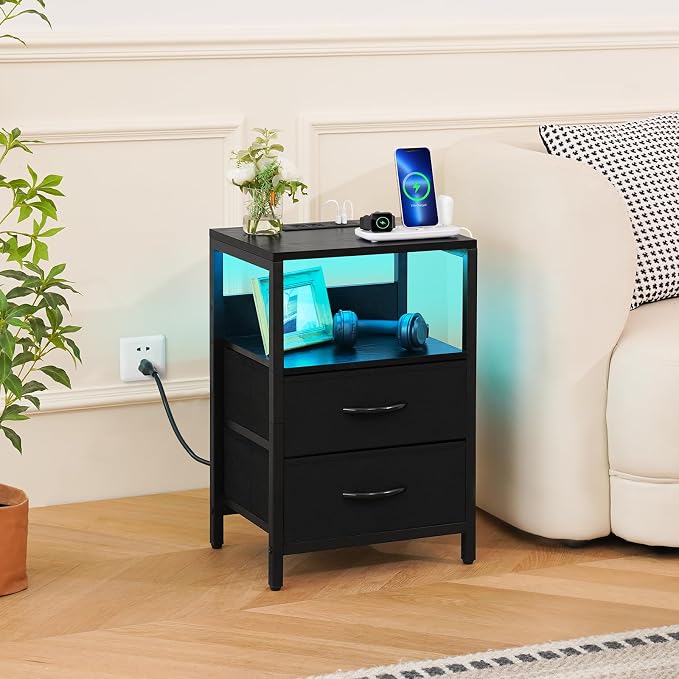 Yoobure Nightstand with Charging Station, LED Night Stand with Fabric Drawers and Storage Shelf for Bedroom, Nightstands Bedside Tables with USB Ports & Outlets, Small Night Stands, Bed Side Table