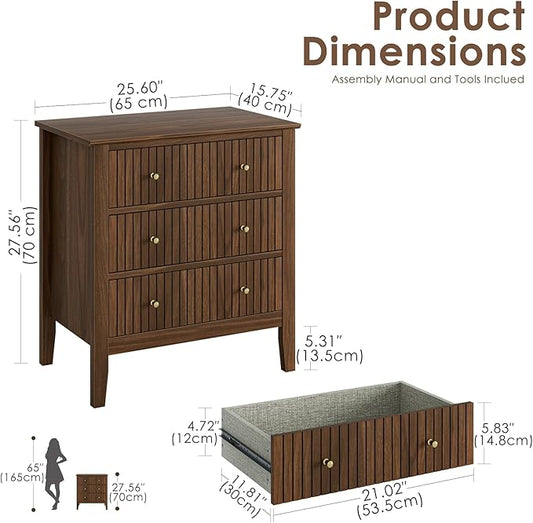 Night Stand, Fluted 3 Drawer Wide Farmhouse Nightstand with Gold Handle, Larger Wider Modern Bedside End Table for Bedroom, Living Room, Walnut