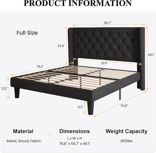 SHA CERLIN Full Size Platform Bed Frame with Upholstered Headboard and Wingback, Button Tufted Design, Easy Assembly, No Box Spring Needed, Black