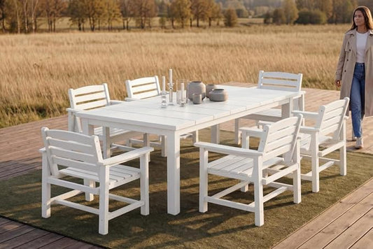 Perli™ 7-Piece Outdoor Dining Set, All-Weather HDPE Patio Furniture with 6 Ergonomic Chairs & Large Table, Built-in Umbrella Hole, UV-Resistant Set for Backyard, Deck, Poolside, White