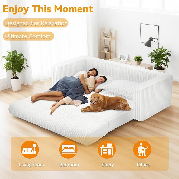 HABUTWAY 68" Loveseat Boneless Couch, 4-in-1 Convertible Sofa Bed, Plush Fur Folding Futon Sofa Bed Couches with 2 Pillows for Living Room, High-Density Foam Support, No Assembly Required, Beige