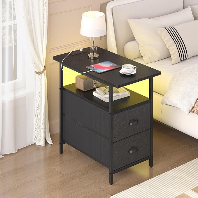 sthmec End Table with Charging Station, Narrow Side Table with 2 Drawers, LED Nightstands with Drawers, USB Ports & Power Oulets,Slim Sofa Side Tables for Small Spaces,Living Room,Bedroom, Black