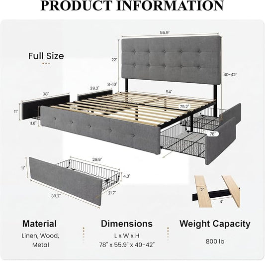 SHA CERLIN Upholstered Full Size Platform Bed Frame with 4 Storage Drawers, Adjustable Headboard with Square Stitched Button Tufted Design, Wooden Slat Support, No Box Spring Needed, Light Grey