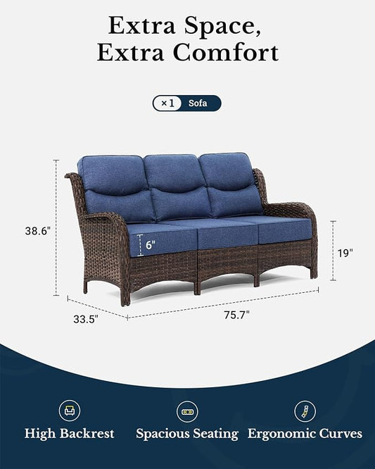 HILLGA Luxury Outdoor Furniture High Back Patio Sofa, Oversized 3-Seater Couch with 6'' Thick Cushions, Ideal for Porch, Poolside, Deck, and Yard(Blue)