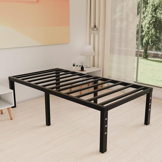 HOBINCHE 18 Inch Metal Twin Bed Frame No Box Spring Needed - Easy Assembly Heavy Duty Noise Free Narrow Bedframes - Single Black Basic Steel Slats Platform with Storage