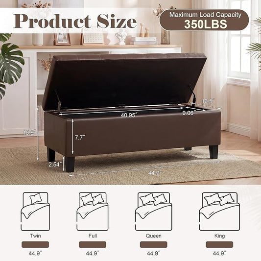 Asense 45" Storage Ottoman Bench,Faux Leather Upholstered Ottoman with Legs,Tufted Ottoman with Safety Hinge,Storage Bench for Bedroom,Living Room,Entryway,Chocolate Brown
