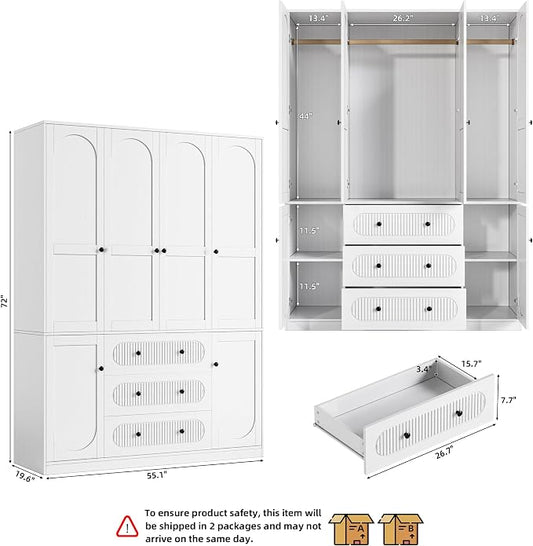 TOKSOM 4 Doors Freestanding Armoire Wardrobe Closet, 72" White Wardrobe Armoire Wooden Closet Large Capacity Storage with 3 Drawers & 3 Hanging Rod Shelves Clothes Organizer