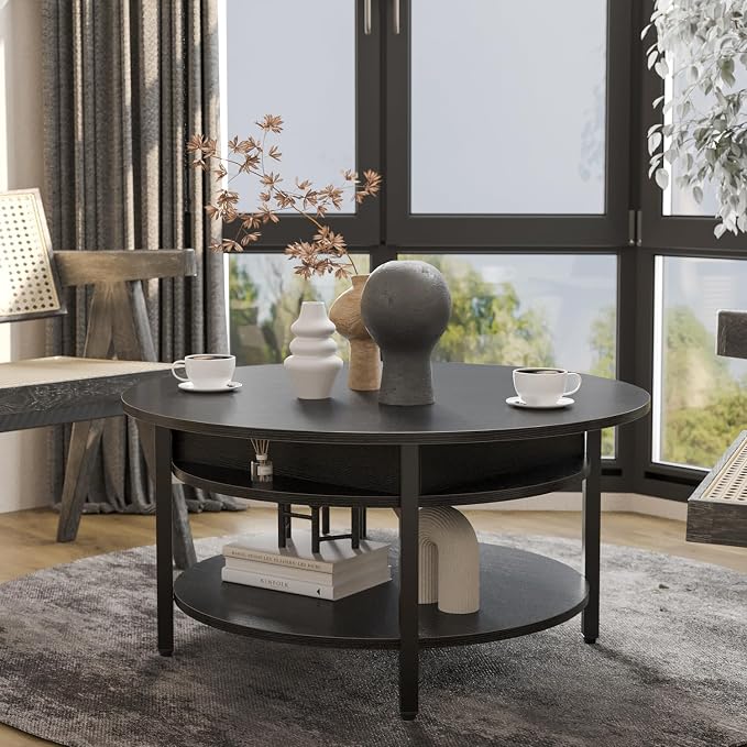 FABATO Round Lift Top Coffee Table with Storage and Hidden Compartment, 26.77'' Farmhouse Coffee Table for Living Room Reception Room, 2 Tier Small Round Coffee Table Circle Dining Table, Black