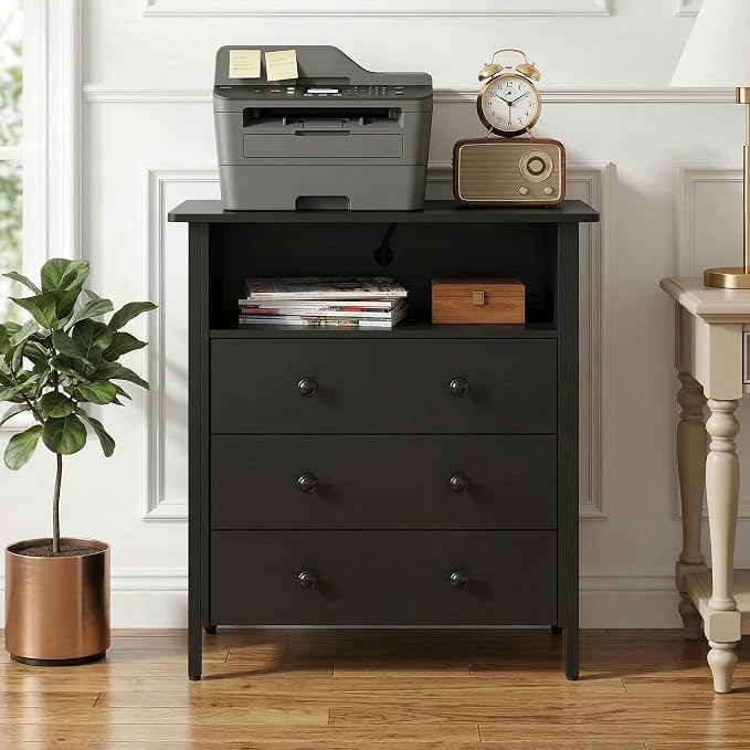 27 Inch LED Nightstand with Charging Station & 3 Drawers, Black | Solid Wood and Steel Frame, 2 AC Outlets, 2 USB Ports, RGB App Control, Open Storage, Adjustable Feet, for Bedroom or Office
